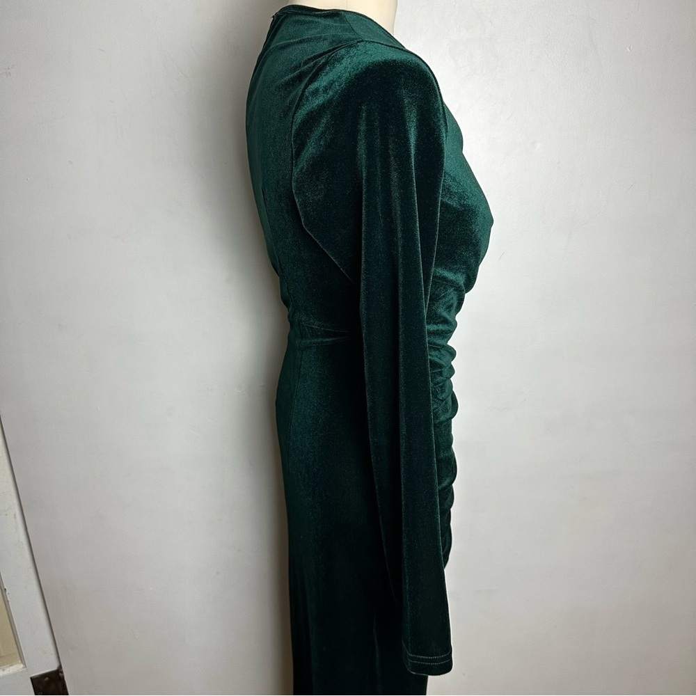 Velvet Wrap Dress Women's Med V Neck Ruched Bodycon Maxi Emerald Green DIRASS - Picture 4 of 12
